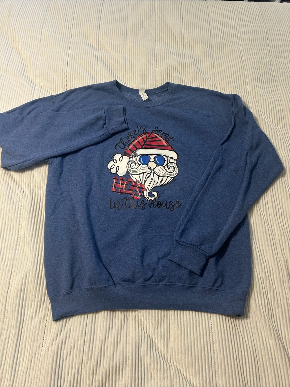 Jerzees Blue Crewneck Santa Graphic Sweatshirt with Red Accents